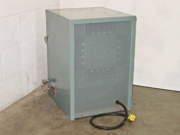 Hotpack 733 Electric Vacuum Oven rear view — perforated metal ventilation panel, vacuum port fitting on side, yellow power cord