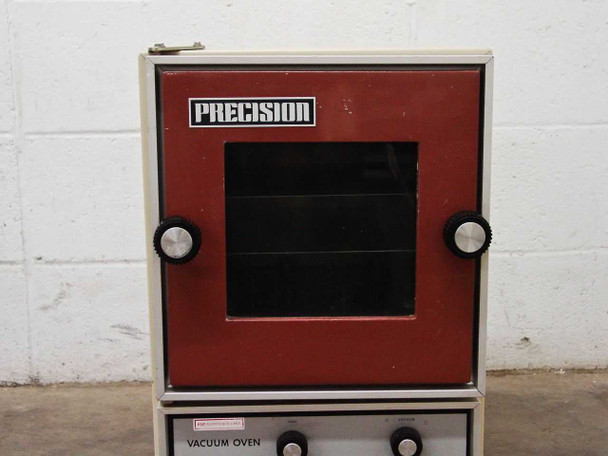 Precision Scientific Model 19 Vacuum Oven front door close-up showing red-trimmed window, Precision logo, and dual latch knobs with Vacuum Oven label below