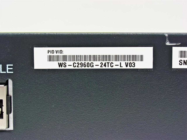 Close-up of rear label showing PID VID: WS-C2960G-24TC-L V03 barcode