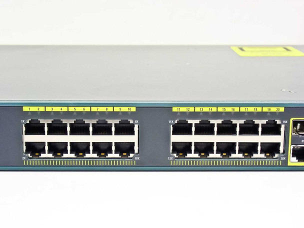 Close-up of front port section showing ports 1–20, numbered RJ-45 gigabit ports in two banks