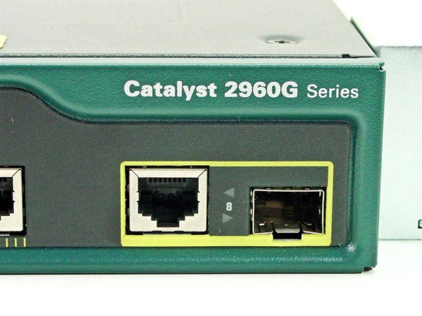 Cisco Catalyst 2960G Series front-right close-up — port 8 RJ-45 gigabit port, combo SFP uplink slot, and 2960G Series branding label