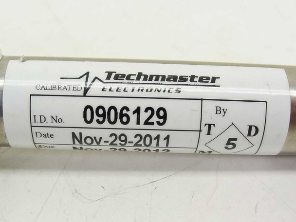Techmaster Electronics calibration label on Omega RH-USB sensor showing I.D. No. 0906129 calibrated Nov-29-2011 due Nov-29-2012