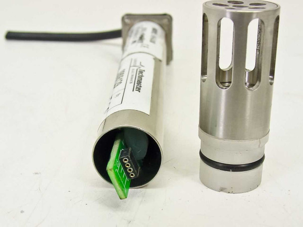 Omega RH-USB sensor probe body open with stainless sensing cap removed, showing internal green PCB circuit board with connector pins