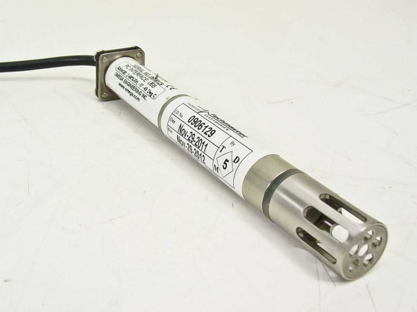 Omega Engineering RH-USB humidity temperature sensor probe front view with Techmaster Electronics calibration label and stainless steel perforated sensing cap