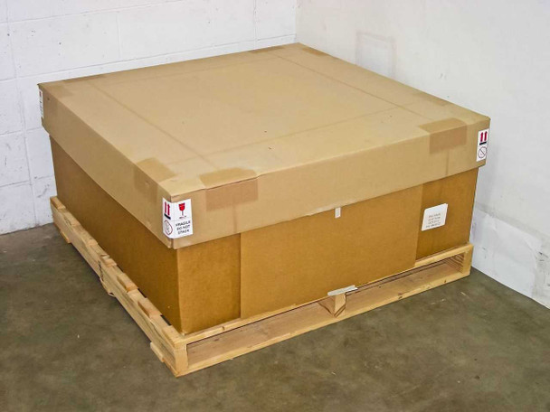 Uni-Solar PVL-128 carton of 30 panels fully closed and palletized on wood pallet, ready for freight shipping