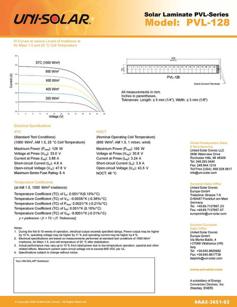 Uni-Solar PVL-128 data sheet page showing full electrical specifications, IV curves at multiple irradiance levels, temperature coefficients, and NOCT values