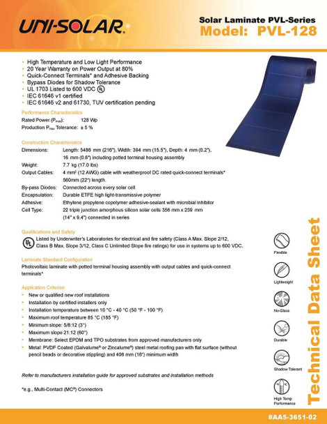 Uni-Solar PVL-128 Carton of 30 128W UL LISTED Flexible Solar Panels Grid-Tie MC3