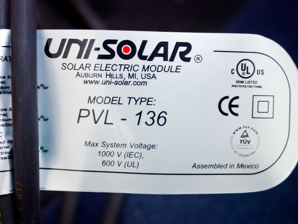Uni-Solar PVL-136 Solar Electric Module product label showing model type, max system voltage 1000V IEC / 600V UL, UL and CE marks, assembled in Mexico