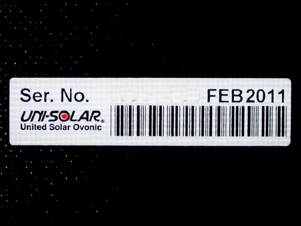 Uni-Solar United Solar Ovonic serial number barcode label showing manufacture date FEB 2011