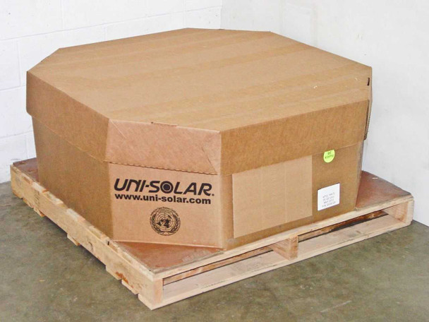 Uni-Solar ePVL-144T carton of 30 amorphous solar panels on pallet — factory-sealed octagonal box