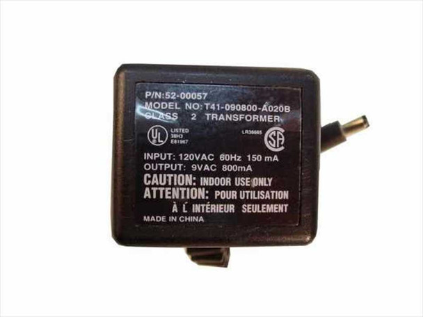 Included AC adapter – Class 2 transformer model T41-090800-A020B, P/N 52-00057, input 120V AC 60Hz 150mA, output 9V DC 800mA, UL listed, made in China