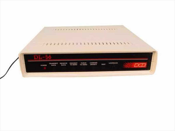 Data Comm for Business DL-56 56Kbps external DDS modem – front panel view showing LED indicators for Power, Transmit Data, Receive Data, Request to Send, Clear to Send, Carrier Detect, Test, and Loopback