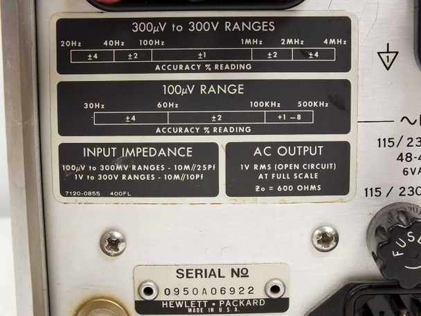 HP 400FL AC Voltmeter – close-up of rear spec plate showing 300µV–300V accuracy specs, 100µV range accuracy, input impedance, AC output specs, and serial number 0950A06922