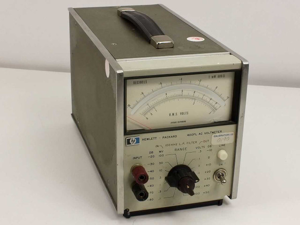 HP Hewlett-Packard 400FL AC Voltmeter – front panel view showing analog RMS meter, range selector knob, INPUT banana jacks, and 100kHz LP Filter switch