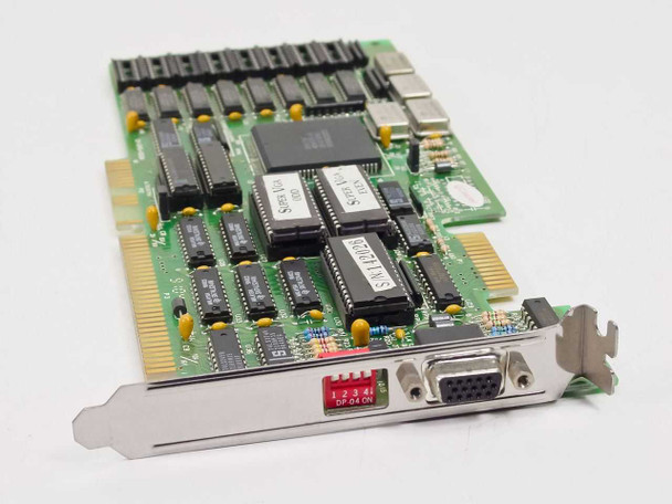Western Digital WD90C00-JK 16-bit ISA Super VGA video card – angled top view showing main chips, DRAM ICs, DIP switch, and DB-15 VGA connector on bracket