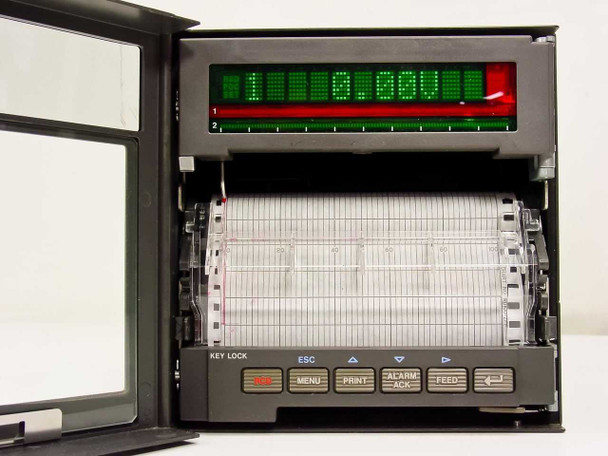Omega RD101A chart recorder with front door open, LED display showing voltage reading and dual-channel bar graph, chart paper visible
