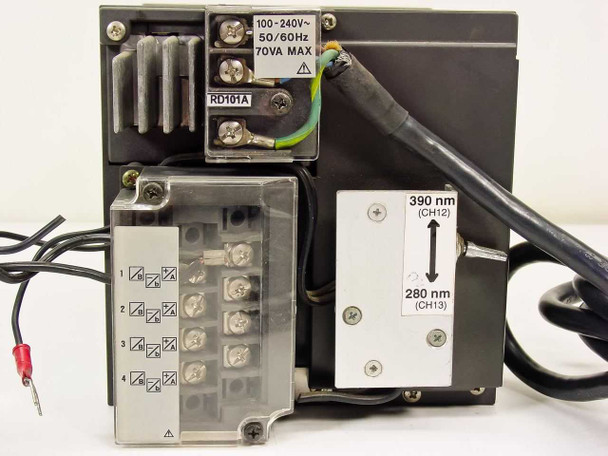 Omega RD101A rear panel closeup showing 100-240V 50/60Hz 70VA rating label, 4-channel input terminal block, and 390nm/280nm channel calibration label