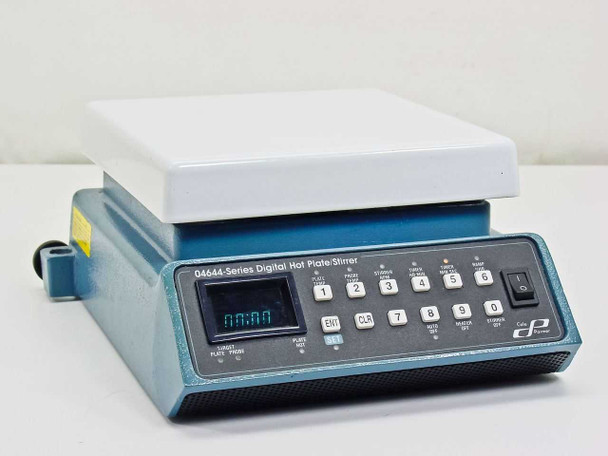 Cole-Parmer 04644-10 Digital Hot Plate Stirrer — front right three-quarter view showing white ceramic plate, digital LED display reading 00:00, and numeric keypad