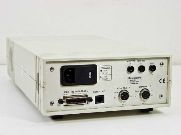 LakeShore 330 Temperature Controller – rear panel showing IEC AC inlet, IEEE-488 GPIB port, Serial I/O, heater output terminals, and Channel A and B sensor connectors