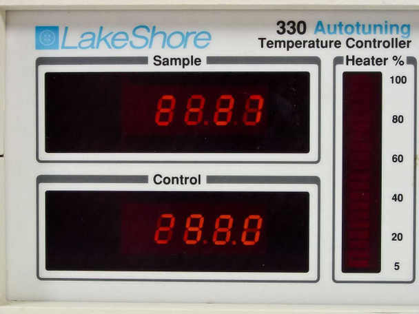 LakeShore 330 front panel closeup – Sample display reading 88.80 and Control display reading 288.0 with Heater % bargraph
