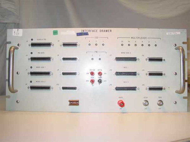 TRW Interface Drawer F767150-1 front panel showing INTERFACE DRAWER label, TIU and MULTIPLEXER indicator lights, multiple 37-pin D-sub connectors, and banana jack inputs