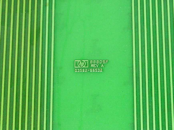 HP 03582-66532 extender board close-up — HP logo stamp reading '88809F REV A / 03582-66532' on green PCB