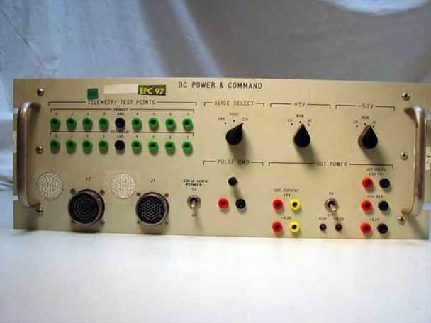 TRW F767155-1 DC Power & Command Drawer front panel showing telemetry test points, slice select knobs, +5V and -5.2V controls, pulse CMD section, UUT power outputs, and large multi-pin connectors J1 and J2