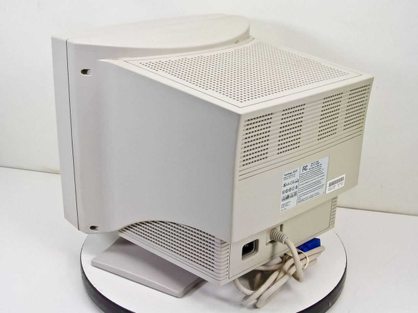 ViewSonic E655 CRT monitor – rear view showing ventilation grille, IEC power inlet, attached VGA cable, and FCC compliance label