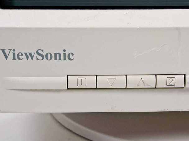 ViewSonic E655 front bezel close-up showing ViewSonic logo and four OSD control buttons with surface scuffing visible on bezel panel