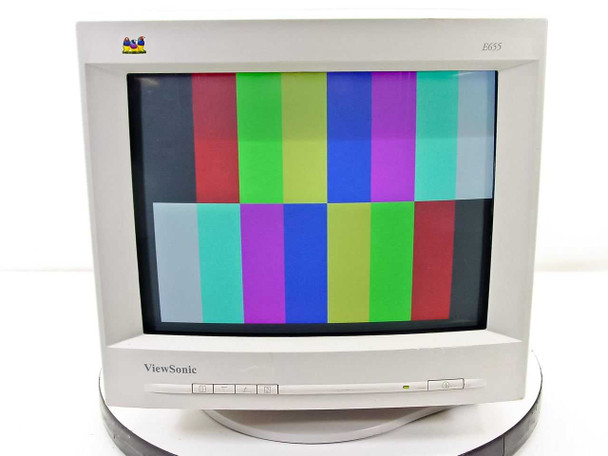 ViewSonic E655 VCDTS21526-4M 15 inch CRT monitor – straight-on front view, powered on with color bar test pattern, green power LED illuminated