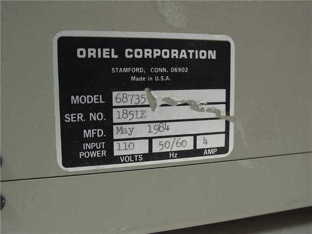 Oriel 68735 – rear data plate showing Model 68735, Serial No. 1851E, MFD May 1984, Input Power 110V 50/60Hz 4A, Made in USA