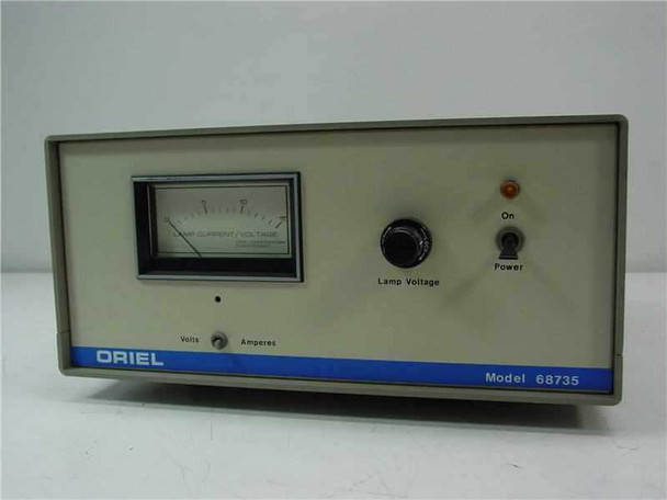 Oriel 68735 DC Regulated Lamp Power Supply – front panel view showing analog Lamp Current/Voltage meter, Lamp Voltage knob, and Power toggle switch