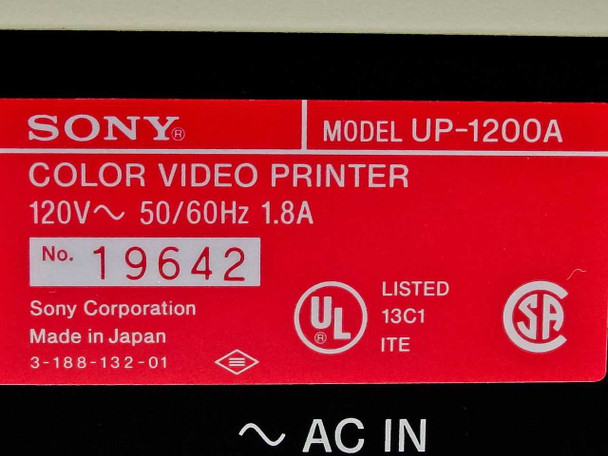 Sony UP-1200A rating label — Model UP-1200A, Color Video Printer, 120V 50/60Hz 1.8A, Made in Japan, UL/CSA listed