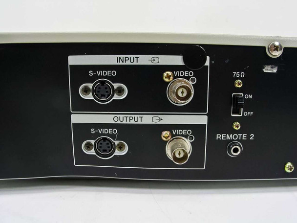 Sony UP-1200A — rear panel close-up showing INPUT and OUTPUT sections: S-Video and BNC VIDEO jacks, 75-Ohm switch, REMOTE 2 jack