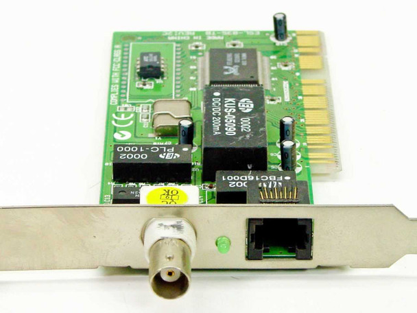 Encore ESL-835-TB PCI NIC – angled front-bracket view showing BNC connector, RJ-45 port with green LED indicator, and KUS-05090 transformer