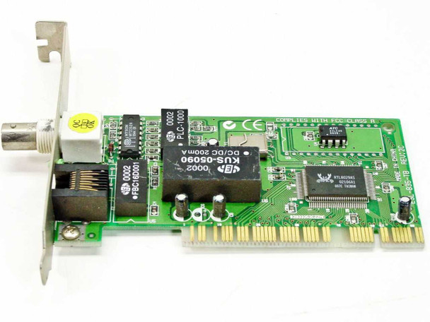 Encore ESL-835-TB 32-bit PCI Ethernet network card – full front view showing BNC coax port, RJ-45 port, and green PCB