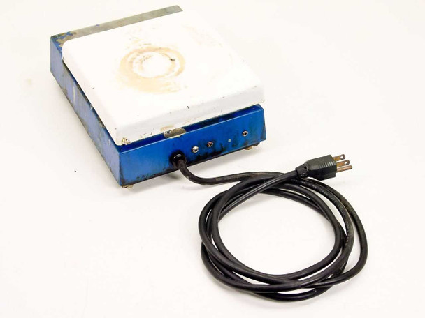 Thermolyne VWR Model 300 hot plate – rear view showing three rear terminals and full power cord coiled, ceramic top with stain ring visible