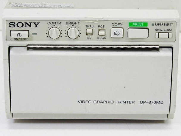 Sony UP-870MD front panel close-up showing ON/OFF button, CONTR and BRIGHT knobs, THRU/EE and POSI/NEGA mode switches, COPY and PRINT buttons, PAPER EMPTY and OPEN/CLOSE indicators