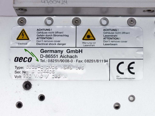 AECO CDIS-C DVD5 Mini 1.5 label close-up showing model type CDIS-C DVD5 Mini 1.5, serial number, voltage rating 230 VAC 0.6A, CE mark, and AECO Germany GmbH D-86551 Aichbach contact info with electrical and laser safety warnings