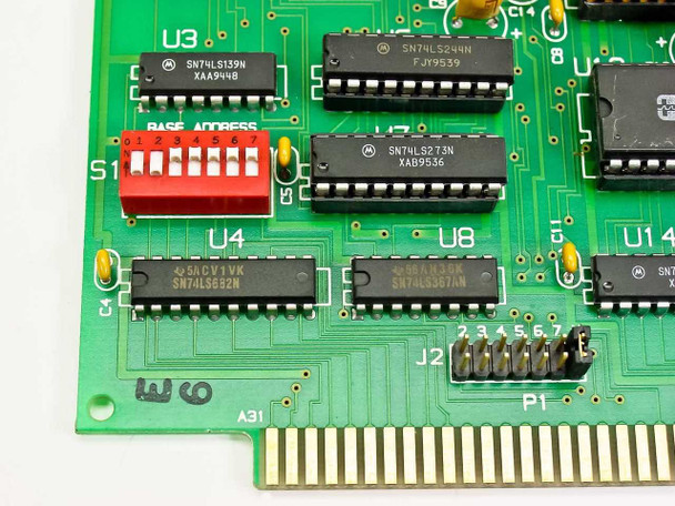 Keithley PC6112 DAS-8 close-up of BASE ADDRESS DIP switch S1 and Motorola SN74LS series logic ICs on PCB