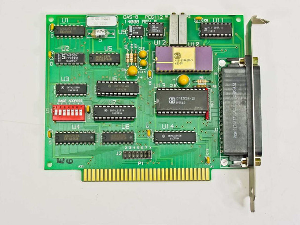 Keithley PC6112 DAS-8 ISA data acquisition card — top/component side view showing full PCB layout, ICs, DIP switches, and DB37 connector on bracket