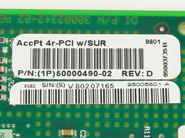 Digi AccelePort 4r-PCI label closeup showing AccPt 4r-PCI w/SUR, P/N 50000490-02 Rev D, date code 9801, and barcode