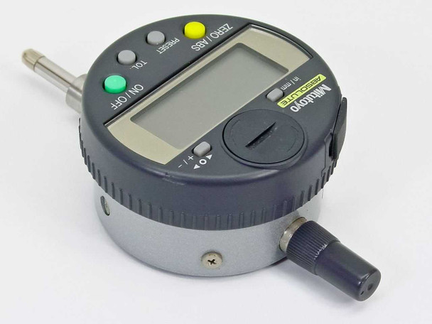 Mitutoyo ID-C112TB Digimatic Indicator rear-right view showing stem lock knob, revolution counter disk, and side profile