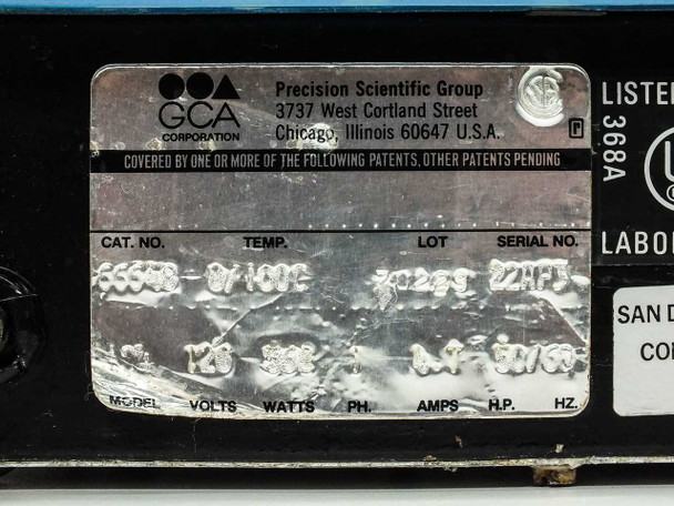 Precision Scientific 184 water bath – close-up of rating plate showing Cat No 66648, 120V, 600W, 5A, 50/60Hz, GCA Corporation Chicago IL