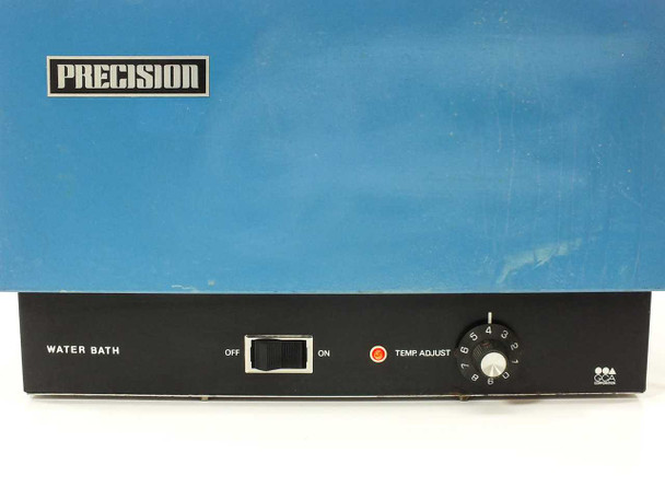 Precision Scientific 184 water bath – front panel close-up showing PRECISION logo, OFF/ON rocker switch, red indicator light, and TEMP ADJUST knob