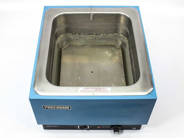 Precision Scientific 184 water bath – top-down view of stainless steel bath interior showing mineral/scale deposits and immersion heater coil