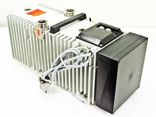 Balzers Pfeiffer DUO 016B vacuum pump — left-side view showing finned housing, power cable, capacitor/motor start box, and European-style cord exit