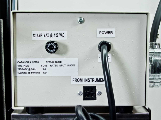 Cole Parmer 52130 pump module rear panel showing Catalog 52130 label, voltage ratings 1500VA rated input, 12 AMP MAX at 125VAC, POWER inlet, and FROM INSTRUMENT connector