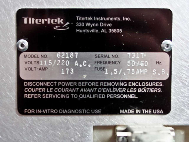 Titertek Digiflex 62187 rating plate showing Model 62187, Volts 115/220 AC, Frequency 50/60 Hz, VA 173, Fuse 1.5/0.75A SB, serial number 7317, made in USA by Titertek Instruments Huntsville AL