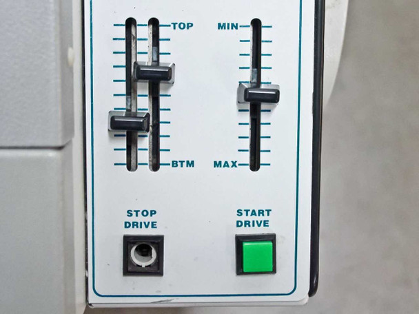 Microtome drive control panel lower section close-up showing Zone (Top-BTM) slider, Speed Control (Min-Max) slider, Stop Drive and Start Drive buttons